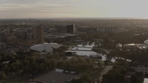 Adelaide Exhibition Centre with River Torrens at Sunset Stock Footage