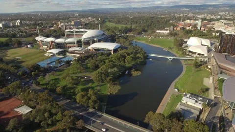 Adelaide oval sporting arena next to river in city 4k drone Video stock 278253311
