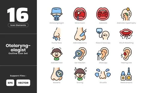 Adenoiditis Symptoms Icon Set Collection - Outline Line Art Style. Adenoid .. Stock Illustration