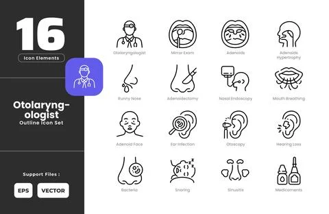 Adenoiditis Symptoms Icon Set Collection - Outline Line Art Style. Adenoid .. Stock Illustration