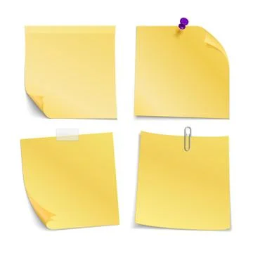 Adhesive blank notes stick with pin, clip and scotch. Vector set Stock Illustration