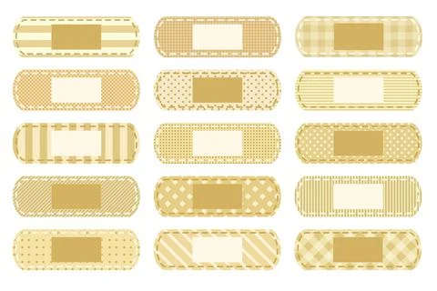 Adhesive plaster vector illustrations set. Band aid, patches and stickers Stock Illustration