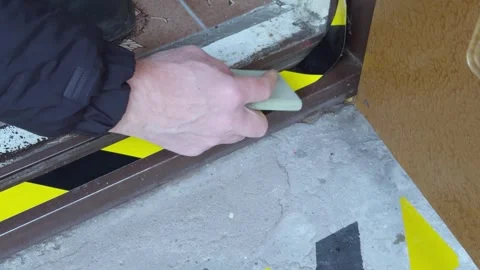 Adhesive warning sticker on dangerous steps. Stock Footage 295123600