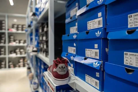 Adidas shoe boxes displayed inside outlet store. Toronto, Canada - July 13, 2026 Stock Photos
