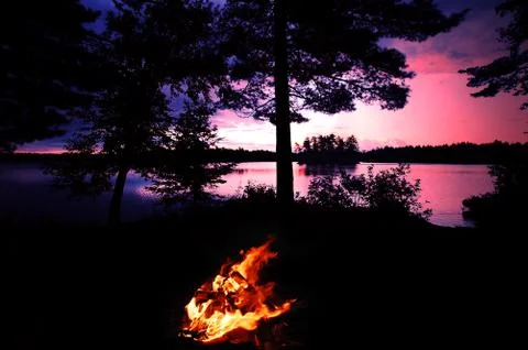 Adirondack Campfire with Sunset Foto stock