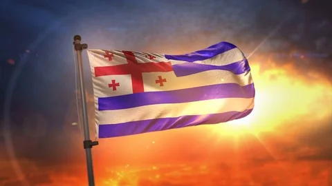 Adjara Flag Backlit At Beautiful Sunrise Loop Slow Motion 4K Stock Footage 75948929