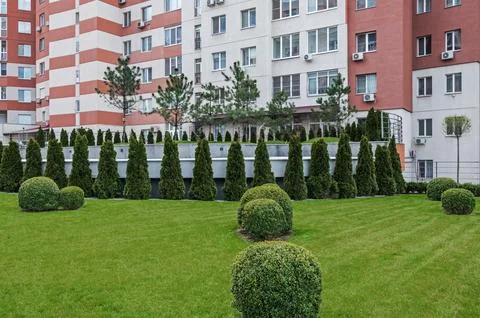 Adjoining territory of multistory residential complex Stock Photos
