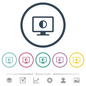 Adjust screen contrast flat color icons in round outlines Stock Illustration