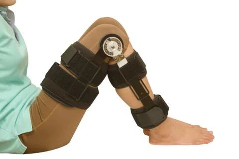Adjustable angle knee brace support for leg or knee injury Stock Photos