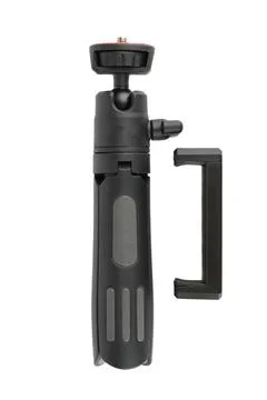 Adjustable camera tripod mount with phone holder on white background. Stock Photos