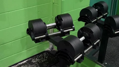 Adjustable dumbbells on rack in physiotherapy clinic gym Stock Footage 330584075