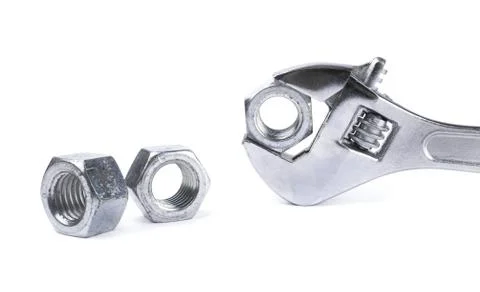 Adjustable wrench isolated on white background, bolts Stock Photos
