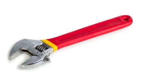 Adjustable wrench with red rubberized handle Stock Photos