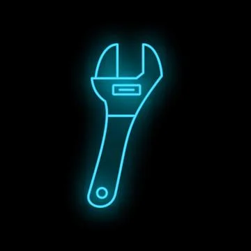 Adjustable wrench tool with blue neon glow Illustrazione stock