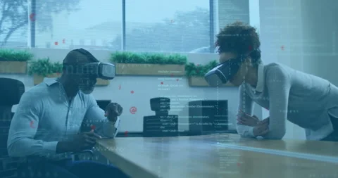 Adjusting controller man guiding floating code overlay while woman focusing Stock Footage 312694379