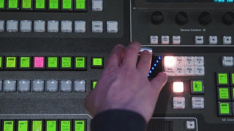 Adjusting a studio switching board cross-fade lever Stock Footage 89503163