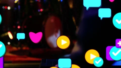 Adjusting tech hands on mixer faders at club, chat bubble popping, icons rising, Stock Footage 331701533