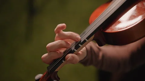 Adjusting violin during warmup. Hands tuning violin before rehearsal session Stock Footage 346555792