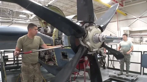 Adjustment of aircraft propeller Stock Footage 104672858