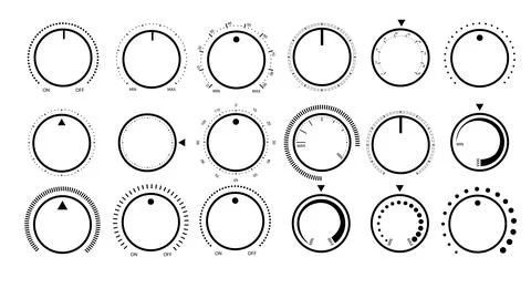 Adjustment dial. Rotary dials with round scale volume level knob and round イラスト素材