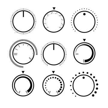 Adjustment dial. Rotary dials with round scale volume level knob and round Illustrazione stock