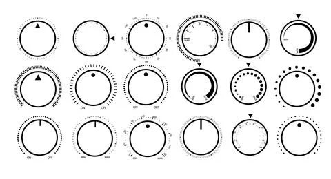Adjustment dial. Rotary dials with round scale volume level knob and round Stock Illustration