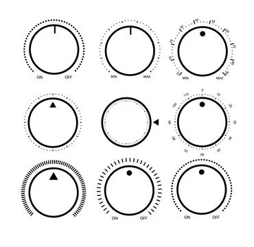 Adjustment dial. Rotary dials with round scale volume level knob and round Illustrazione stock