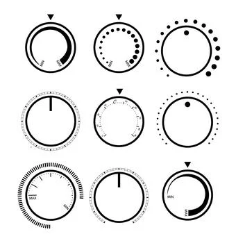 Adjustment dial. Rotary dials with round scale volume level knob and round Illustrazione stock