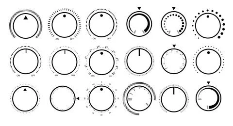 Adjustment dial. Rotary dials with round scale volume level knob and round Stock Illustration