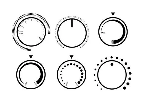 Adjustment dial. Rotary dials with round scale volume level knob and round イラスト素材