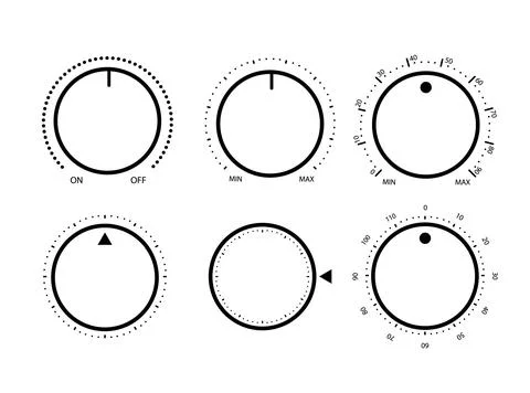 Adjustment dial. Rotary dials with round scale volume level knob and round Stock Illustration