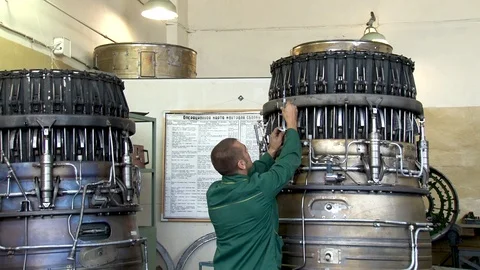 Adjustment of jet nozzle from engine of Su-24 aircraft (fencer) after repair. Stock Footage 122816922