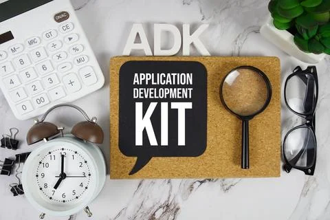 ADK - Application Development Kit acronym with calculator, alarm clock and .. 스톡 사진