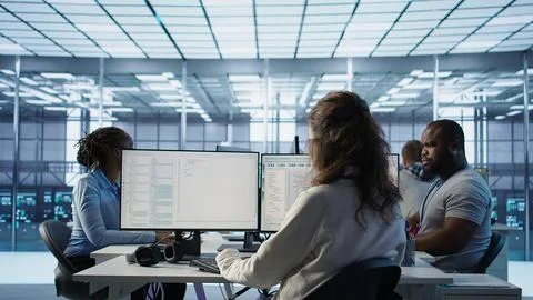 Admin arriving in server hub, sitting at computer desk, Stock Photos