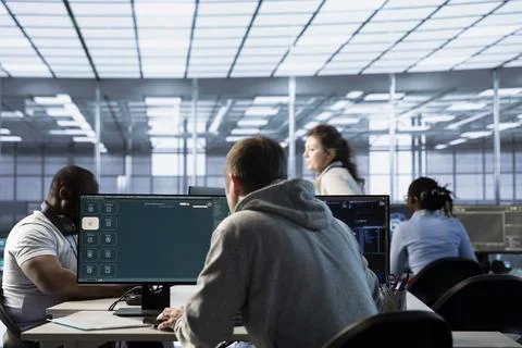 Admin in data center coding AI LLM chatbot software of virtual assistant Foto stock