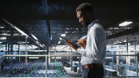 Admin on data center industrial platform analyzing infrastructure performance Stock Photos