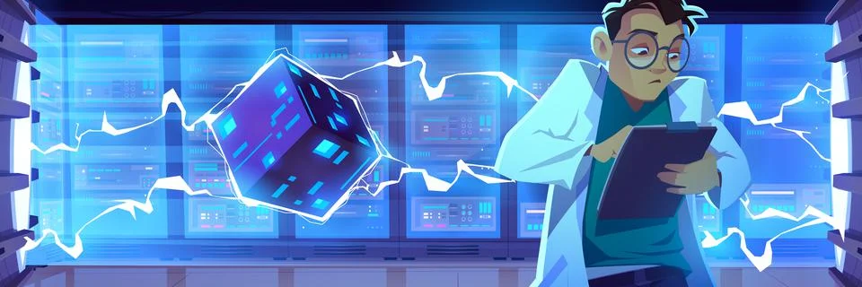 Admin in data center room with server hardware Stock Illustration