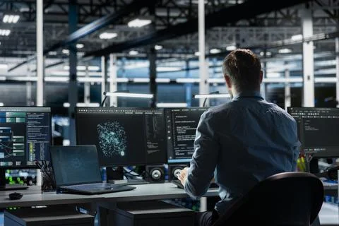 Admin in data center troubleshooting issues using machine learning Stock Photos