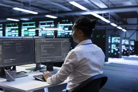 Admin in data center updating systems to keeps performance up 写真素材