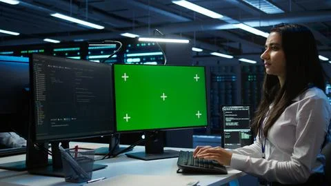 Admin in data center using mockup PC to design, implement and manage gear 스톡 사진