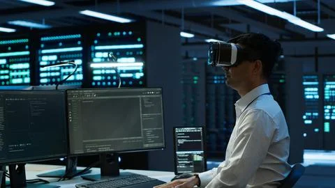 Admin in data center using virtual reality tech Foto stock