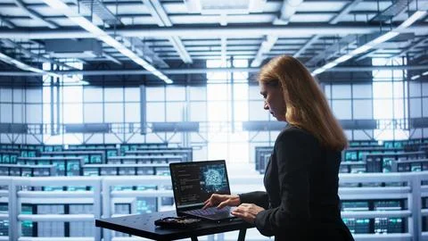 Admin in data center works with artificial intelligence computerized model Stock Photos