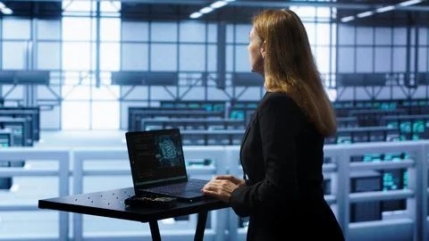 Admin in data center works with artificial intelligence computerized model Stock Photos