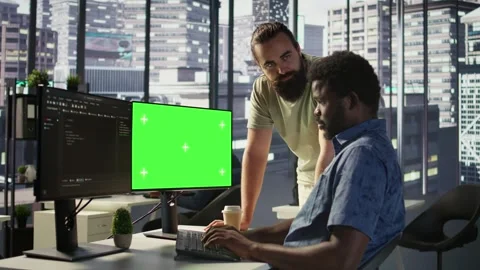 Admin doing software debugging on green screen PC with colleague Stock Footage 318162836