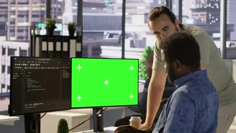 Admin doing software debugging on green screen PC with colleague Stock Footage 318236641