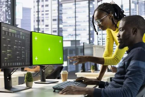 Admin doing software debugging on isolated screen PC, asking for help Stock Photos