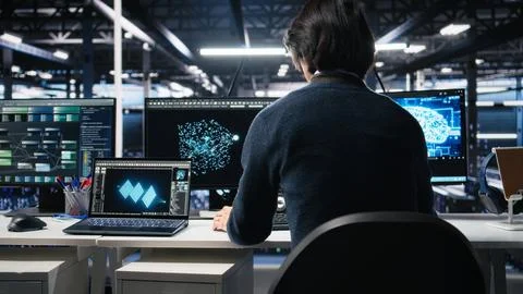 Admin entering data center office, reviews AI diagnostics on computer Stock Photos