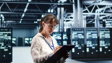 Admin finishing checkup on servers Stock Photos