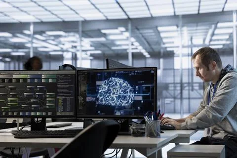 Admin fixing computer crashes affecting server room AI workloads Stock Photos