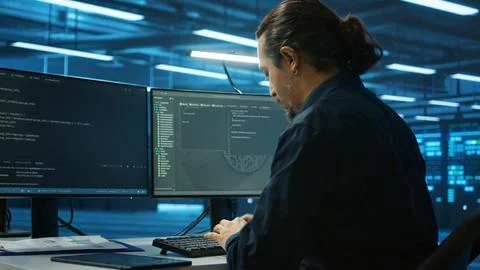 Admin focused on programming in server room on computer Stock-Fotos